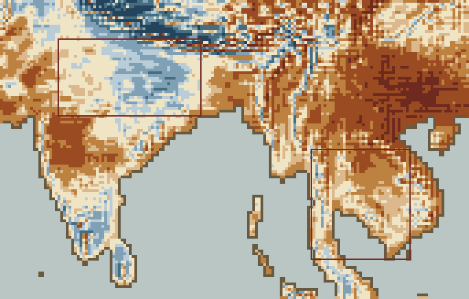 Temperature anomaly, week 1, over the Rice · Monsoon Asia belts