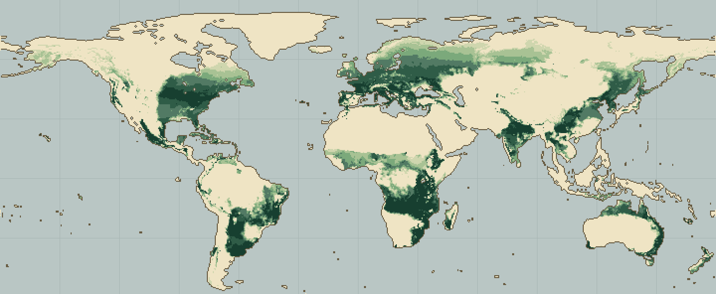 Global climatic suitability map for Eucalyptus