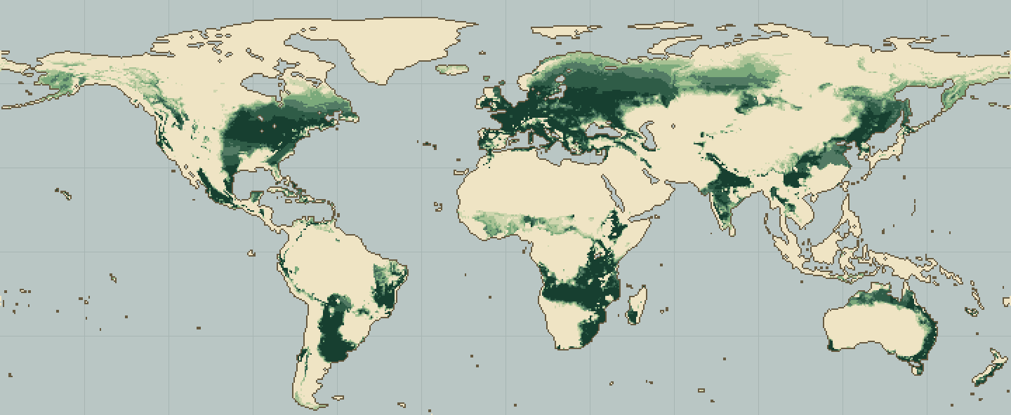 Global climatic suitability map for Sugar Maple