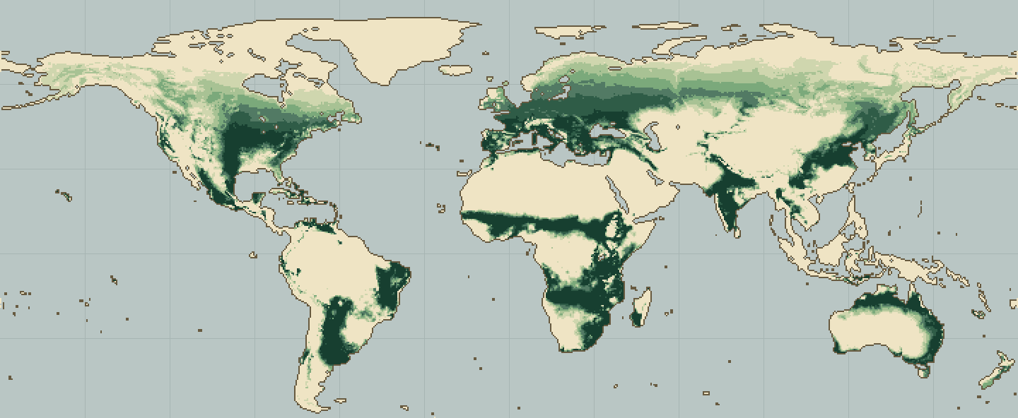 Global climatic suitability map for Radiata Pine