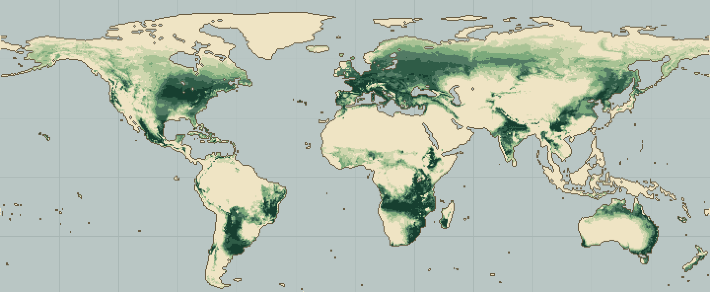 Global climatic suitability map for Raspberry